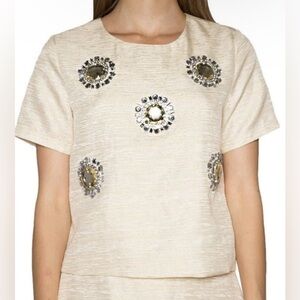 Sister Jane Blouse Top Sz M Cropped Beige W/ Gold Thread Rhinestone Medallions